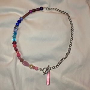 Handmade Half Chain and Beaded Necklace with Pink Pendant